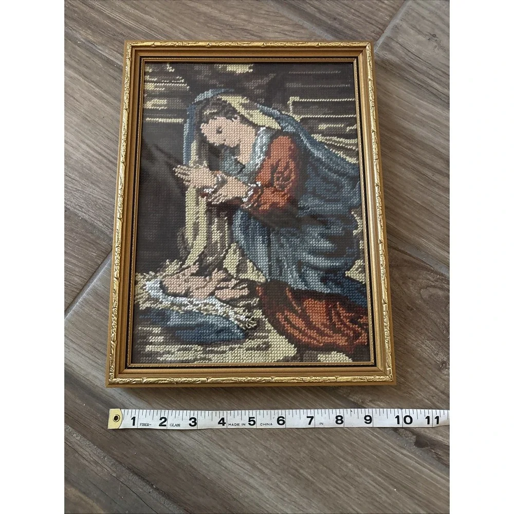 Antique Framed Needlepoint Virgin Mary And‎ Baby Jesus  12.75